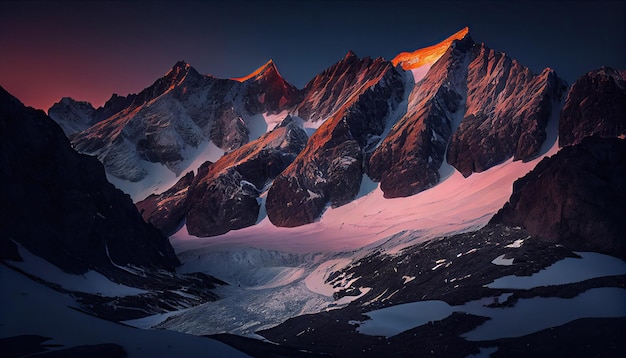 High altitude mountain landscape at dawn with first light glowing with Generative AI Technology