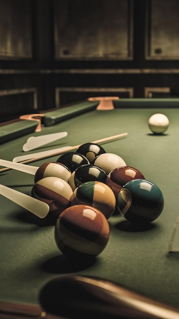 High angle arrangement with pool balls and plastic triangles