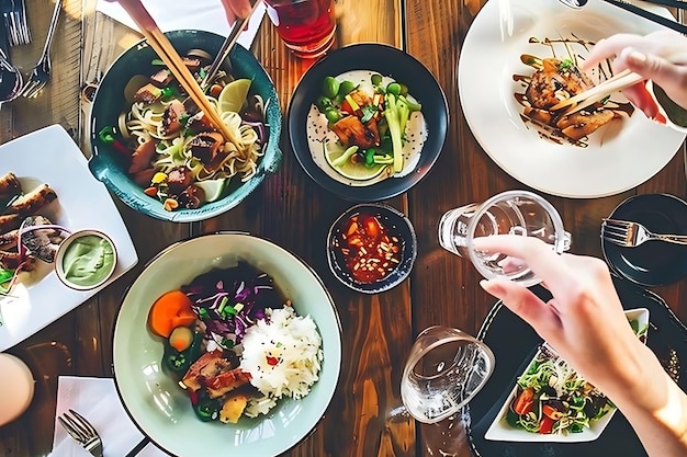 High angle of asian food in bowl with rice