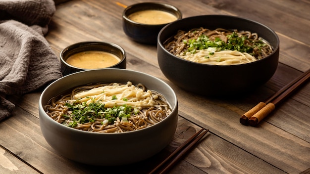 High angle assortment of noodles on a table