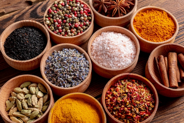 High angle of assortment of spices in bowls