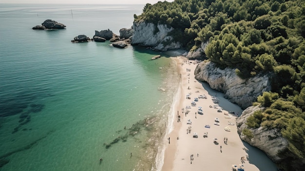 High angle beach photo captured from above showcasing the stunning ocean coastline and serene tropical scenery Perfect for vacation and travel themes Generative AI