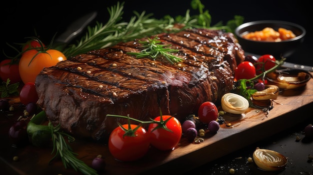 High angle beef on wooden board