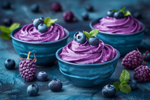 High angle of blueberry desserts with mint