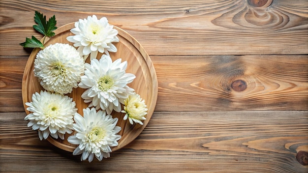 Photo high angle boho mockup with wooden bottom and white chrysanthemums