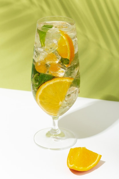 High angle caipirinha cocktail with mint