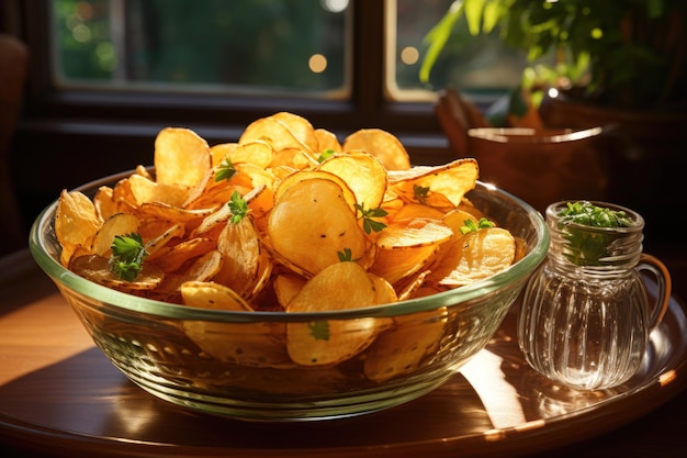 High angle of chips in a bowl with copy space generative IA