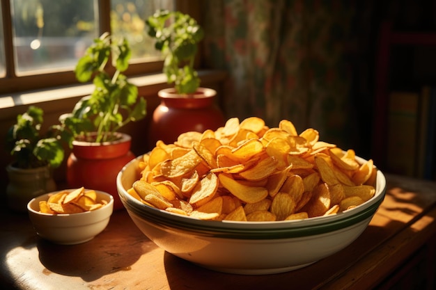 High angle of chips in a bowl with copy space generative IA