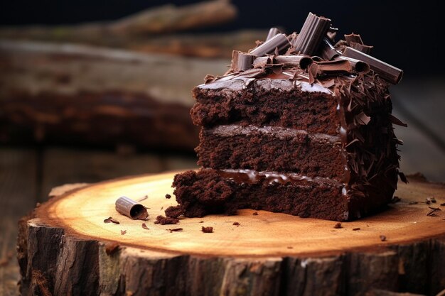 High angle of chocolate cake on chopping board with fruit