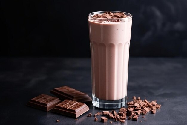 High angle of chocolate milkshake glass with coconut and copy space