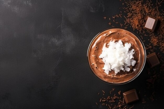 High angle of chocolate milkshake glass with coconut and copy space