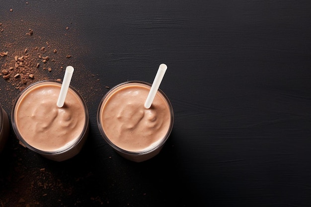 High angle of chocolate milkshakes with straws and copy space