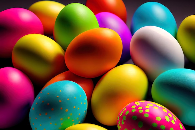 Photo high angle close up of brightly colored easter eggs generative ai