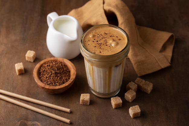 High angle coffee cup  and  sugar cubes