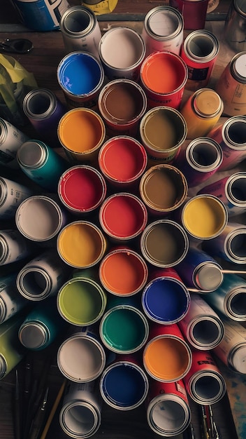 High angle of colored paint cans