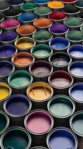 High angle of colored paint cans