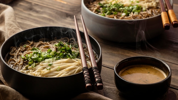 High angle composition of noodles on a table