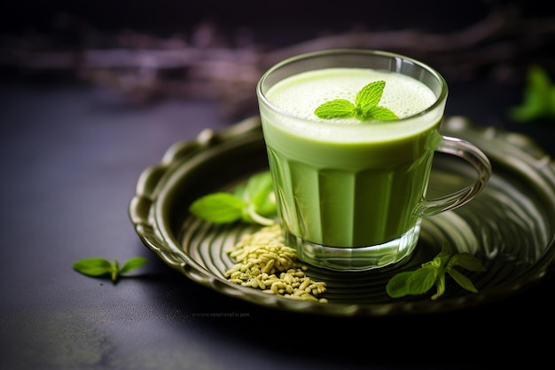 High angle of cup of matcha tea with tray