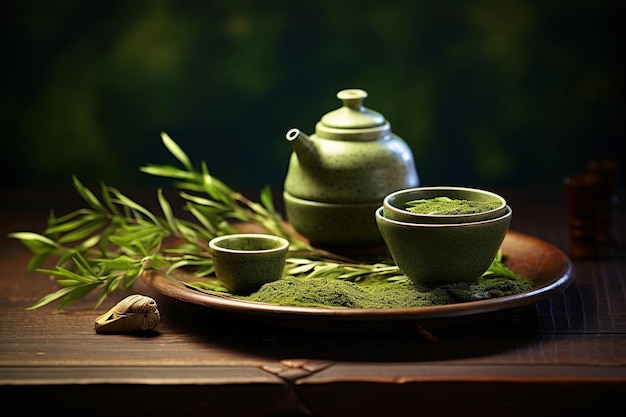 High angle of cup of matcha tea with tray