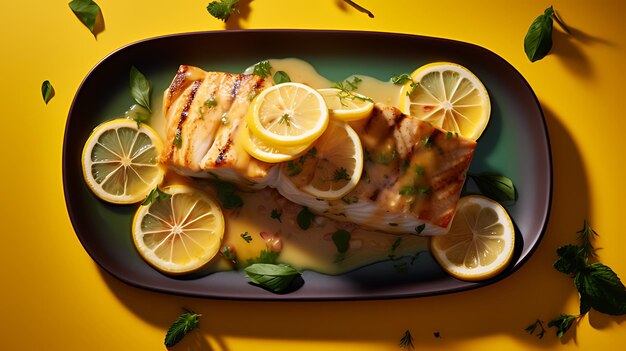 Photo high angle delicious mahi mahi fish with lemon