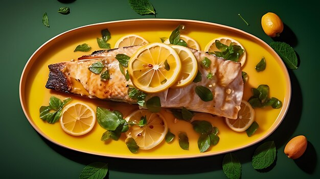 Photo high angle delicious mahi mahi fish with lemon