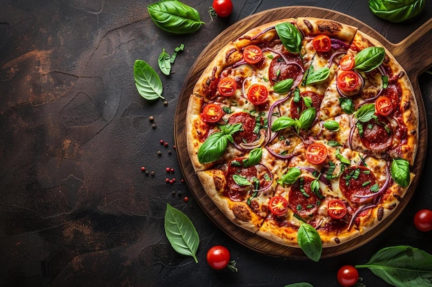 Photo high angle of delicious pizza on wooden table