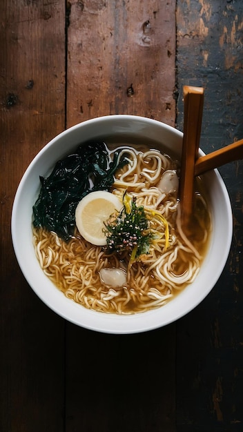 High angle of delicious ramen in bowl