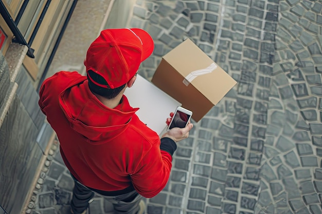 Photo high angle delivery man with mobile