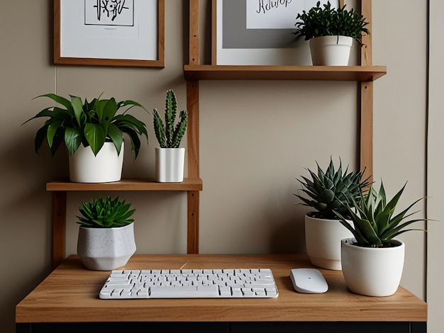 Photo high angle desk arrangement and plants and nice design