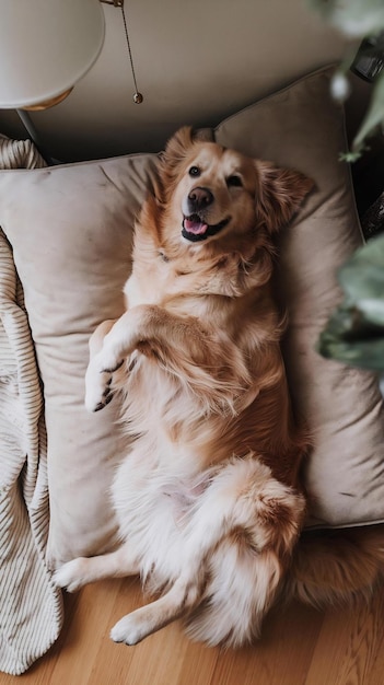 High angle dog laying on pillow at home