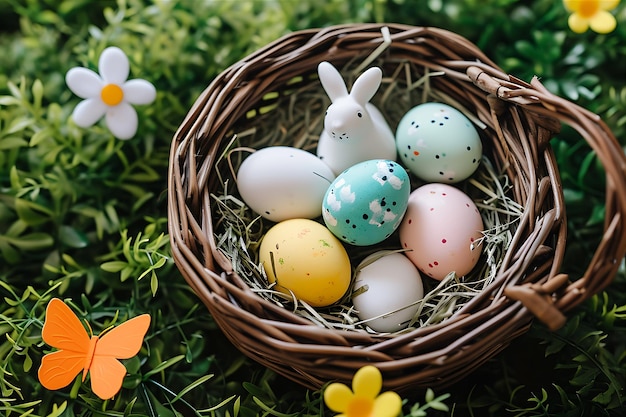 High Angle of Easter Eggs in Basket with Bunny