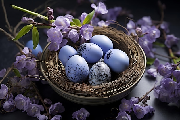 High angle of easter eggs in twigs nest with vase of flowers