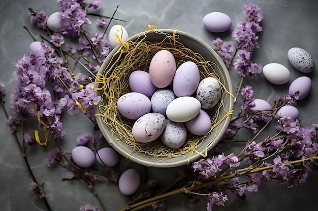 High angle of easter eggs in twigs nest with vase of flowers