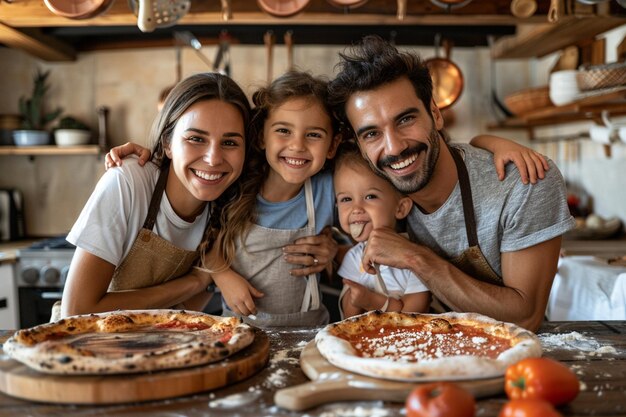 High angle family with delicious pizza