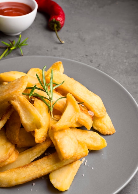 High angle of french fries on plate