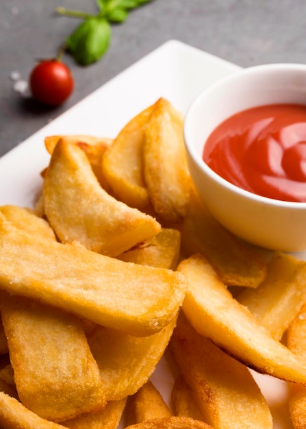 High angle of french fries with ketchup