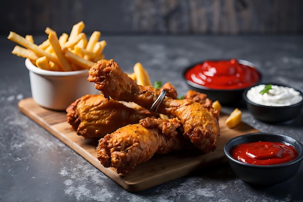 high angle fried chicken drumsticks with ketchup and fries