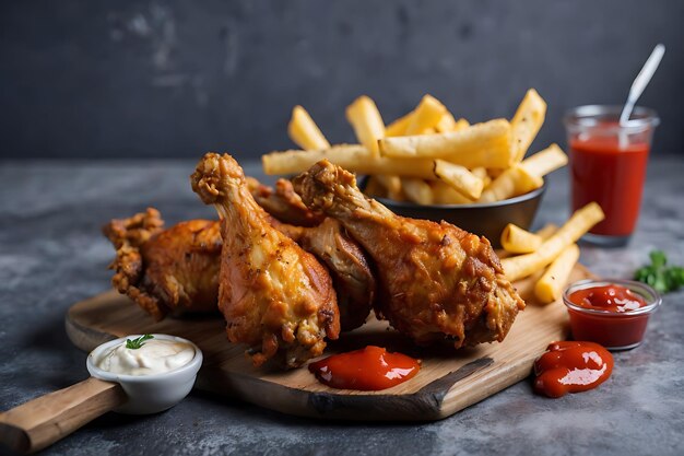 high angle fried chicken drumsticks with ketchup and fries