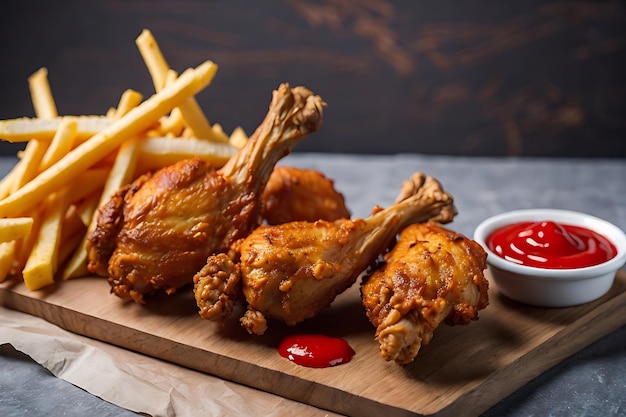 high angle fried chicken drumsticks with ketchup and fries