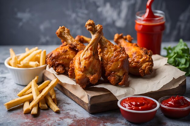 high angle fried chicken drumsticks with ketchup and fries