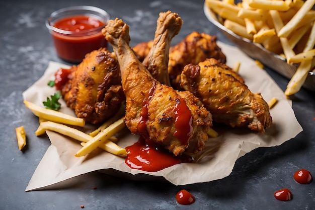 high angle fried chicken drumsticks with ketchup and fries