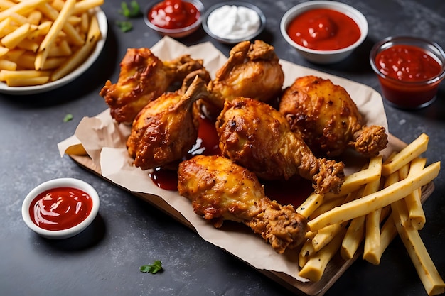 high angle fried chicken drumsticks with ketchup and fries