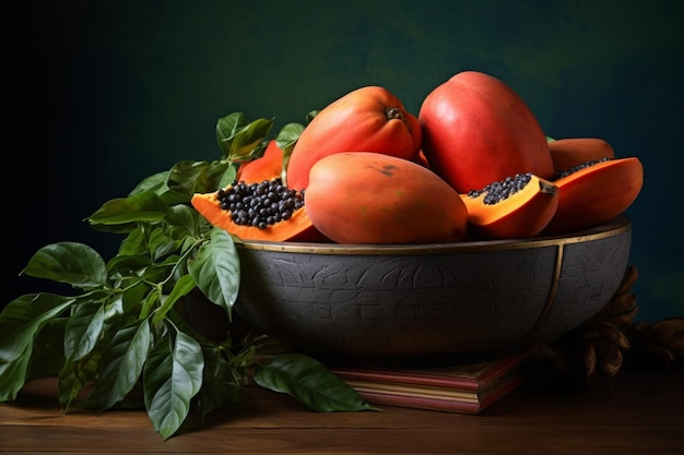 High angle of fruit bowl with papaya