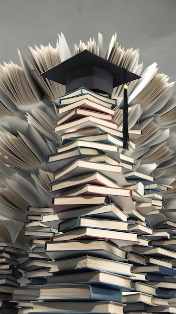 Photo high angle graduation cap on pile of books