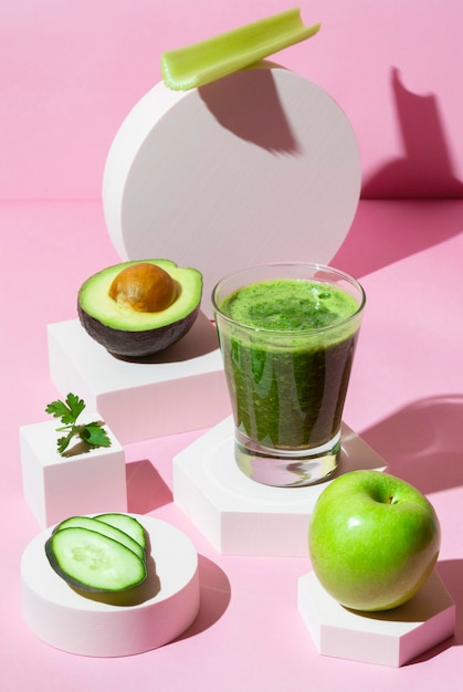 High angle green healthy smoothie in glass