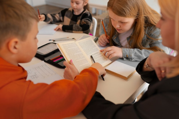 High angle kids spending time at school