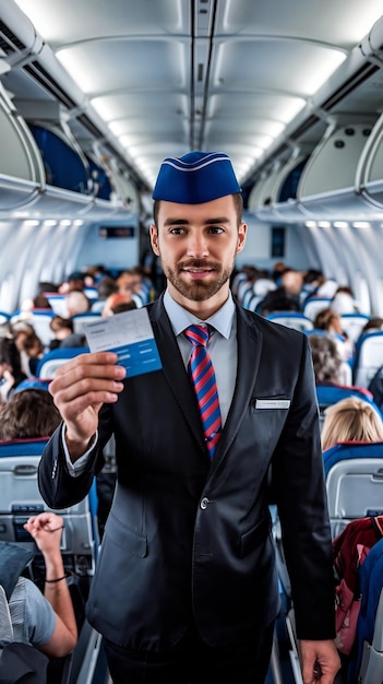 High angle male flight attendant holding tickets