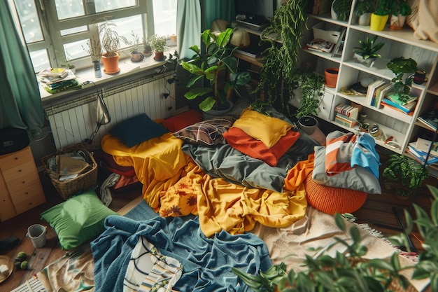 High angle messy living room with clothes and plants