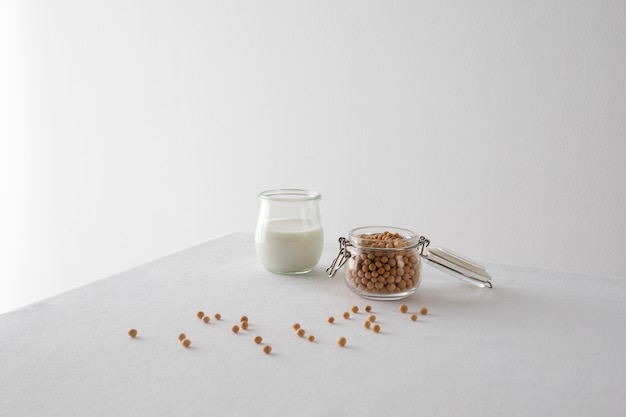 High angle milk glass and chickpeas arrangement