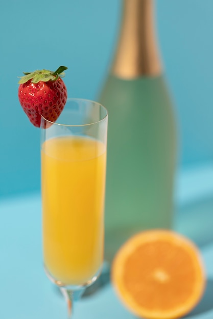 High angle mimosa cocktail with blurry background